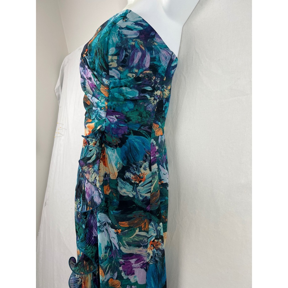 XSCAPE Floral Maxi Dress Women 6 Teal Purple Ruffle Strapless Tropical Gown - Picture 2 of 12
